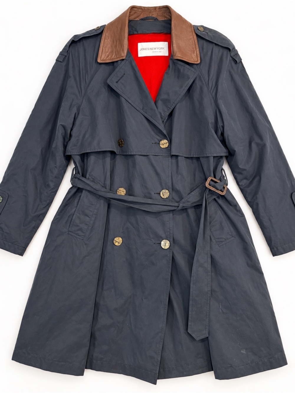 Jones New York 100% Wool Lined Double Breasted Leather Collar Trench Coat